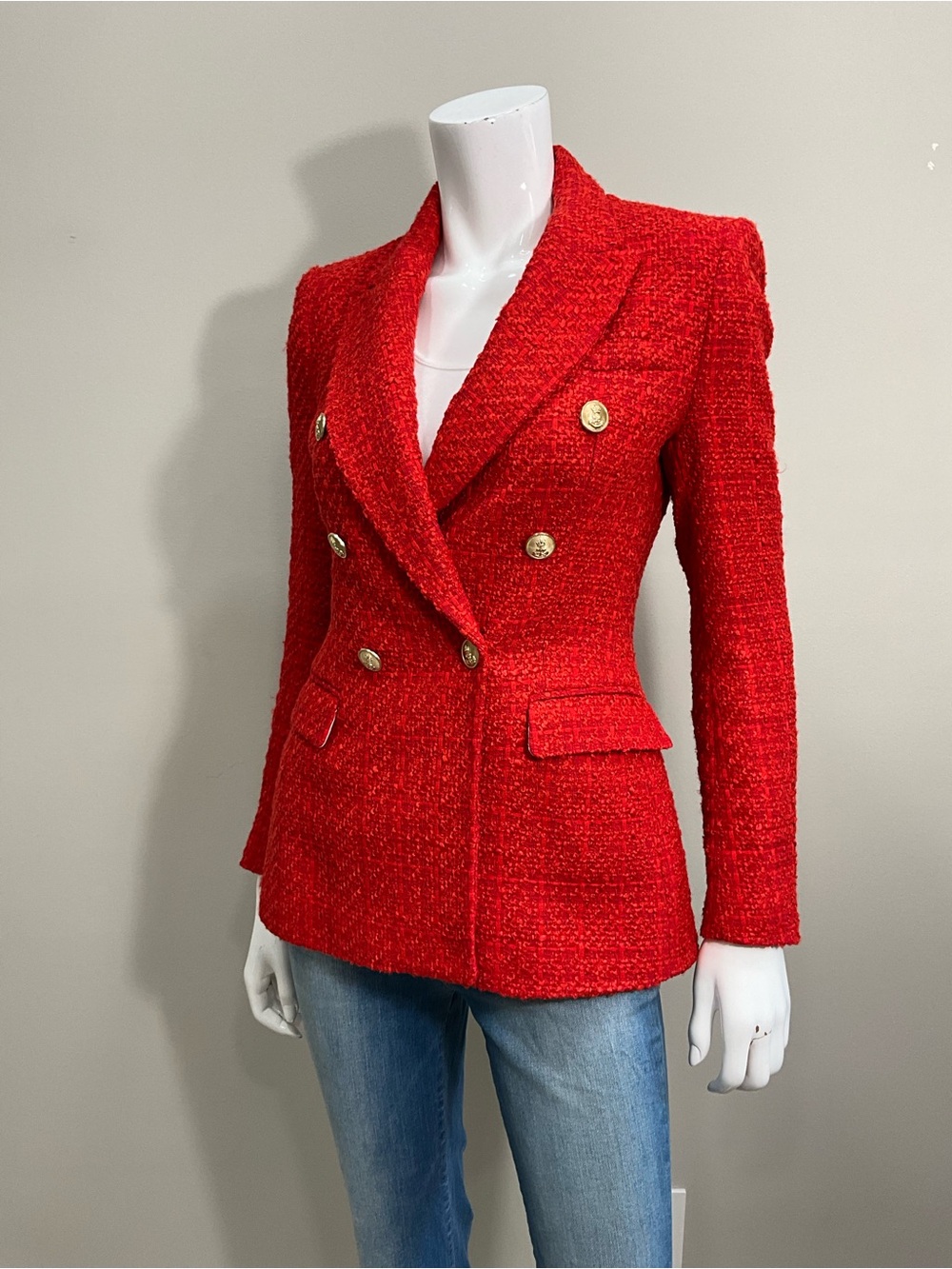 ZARA Red Tweed Double Breasted Gold Button Structured Blazer Jacket XS Preppy